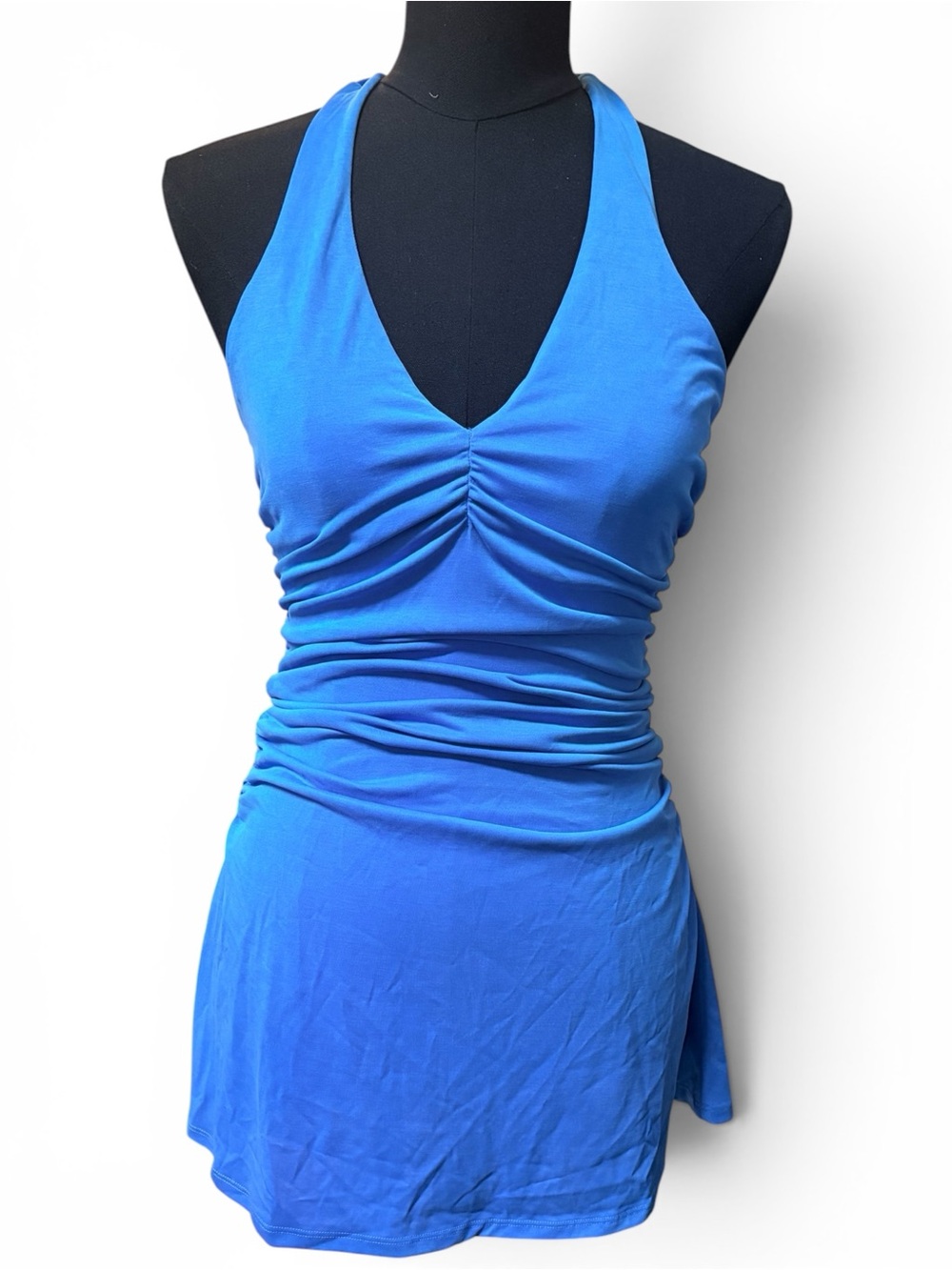 Anthropologie Celandine Ruched Halter Mini Dress‎ XS Stone Blue NWT